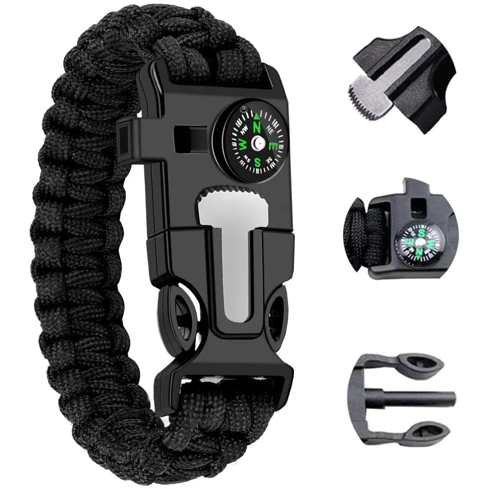 Černý paracord náramek na přežití s kompasem, křesadlem, čepelí a píšťalkou