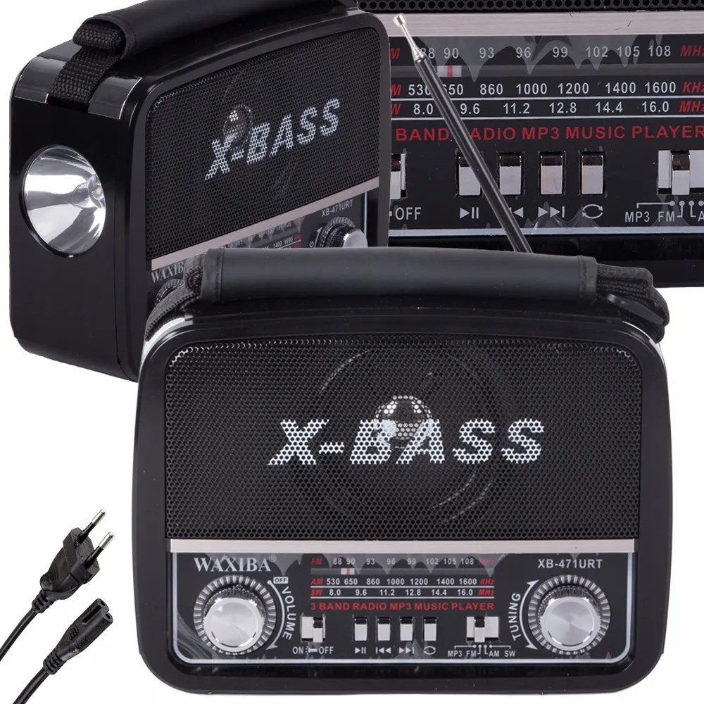 Černé přenosné rádio 3 pásma FM/AM/SW s MP3 přehrávačem USB/microSD/AUX, X-BASS, LED svítilna, síťové i bateriové napájení