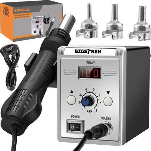 Horkovzdušná pájecí stanice 700W s keramickým jádrem, LCD displejem, regulací 100-500°C a 3 tryskami