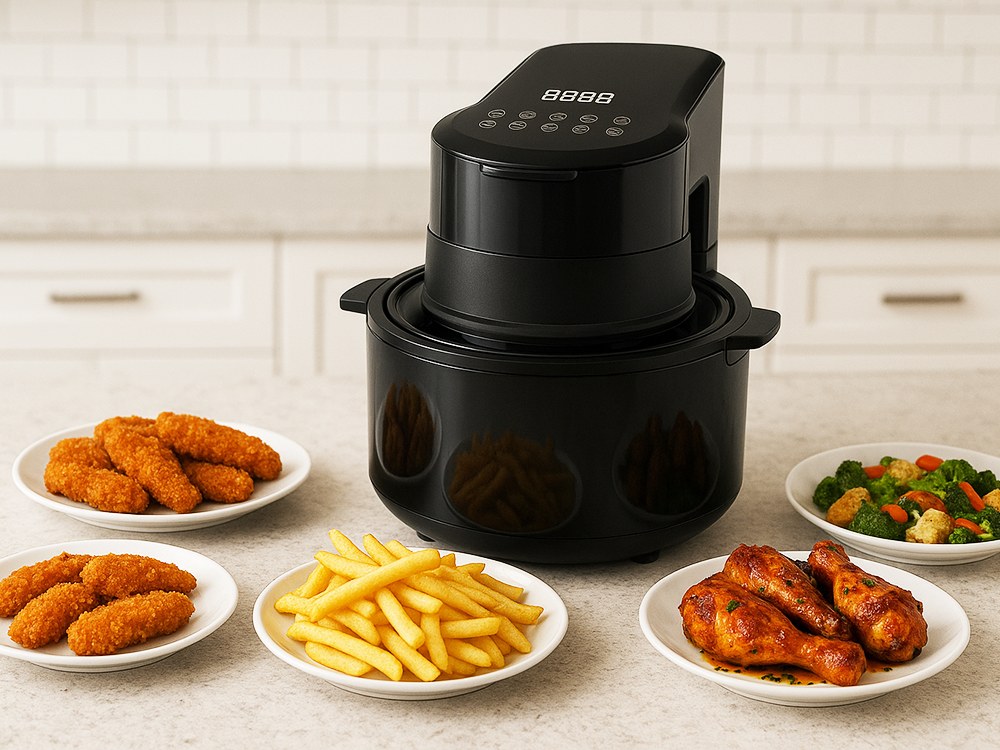 Černá horkovzdušná fritéza 5l s 8 programy, LCD displejem, regulací teploty 80-200°C a vyjímatelným košem