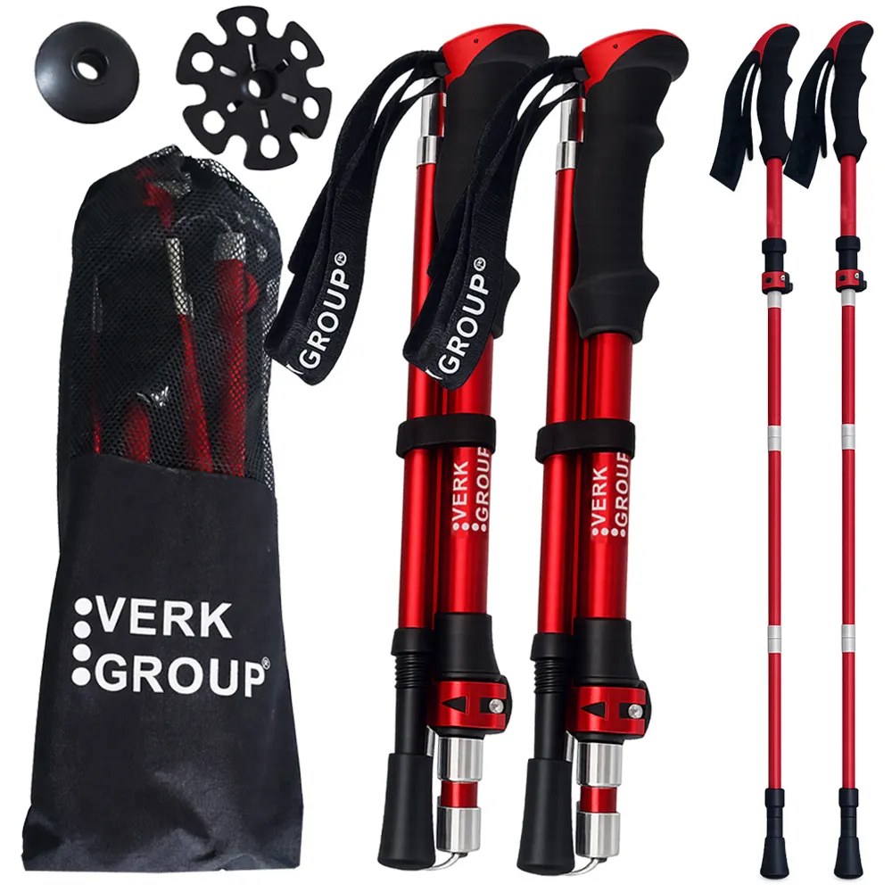 Červené skládací trekingové hole 2ks, hliník, Anti-Shock, 114–135 cm, 3 hroty