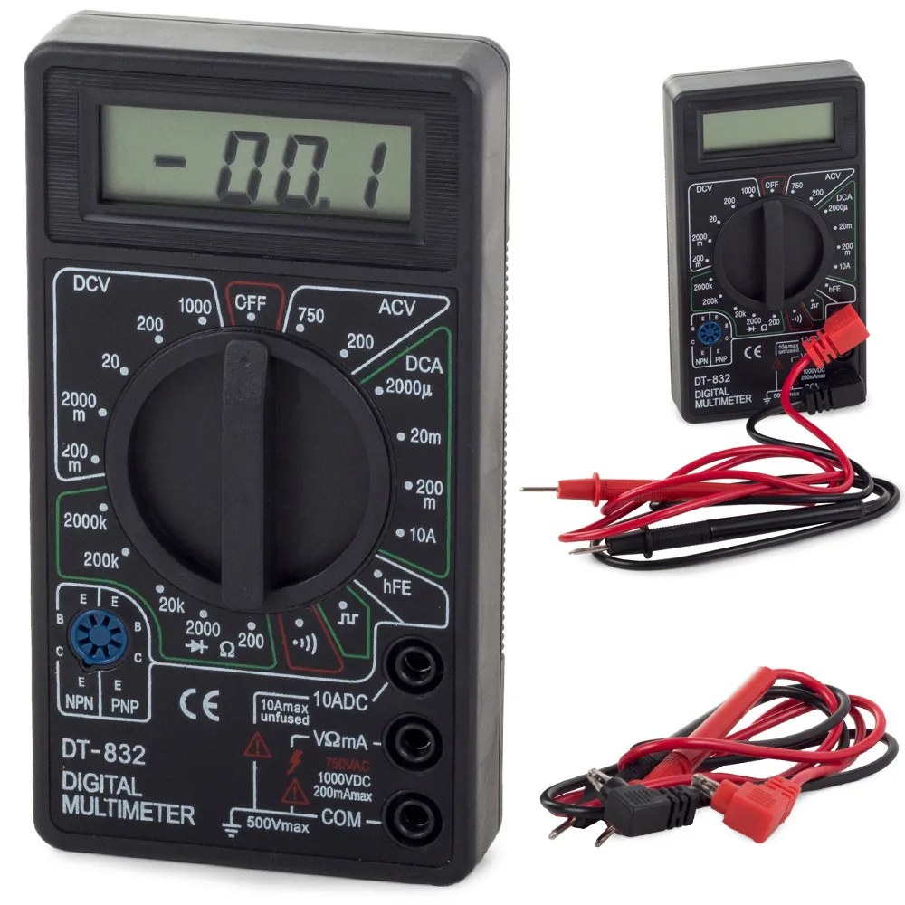Digitální multimetr DT-832 s měřením napětí do 1000V, proudu 10A, odporu, diod a tranzistorů, s baterií