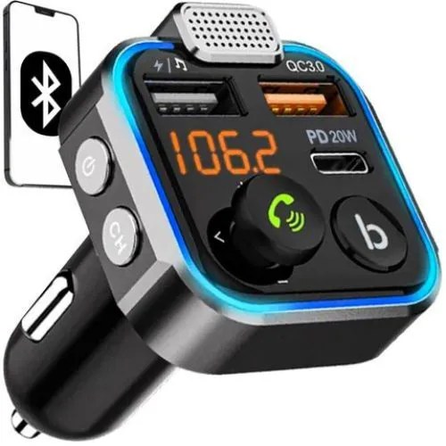 Bluetooth 5.0 FM transmitter do auta s USB-C a rychlonabíjením 3.1, 2× USB