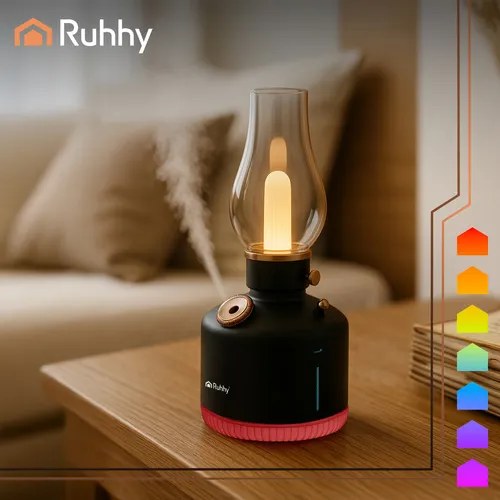 Černý retro zvlhčovač vzduchu a LED lampa 2v1 s 14 barvami