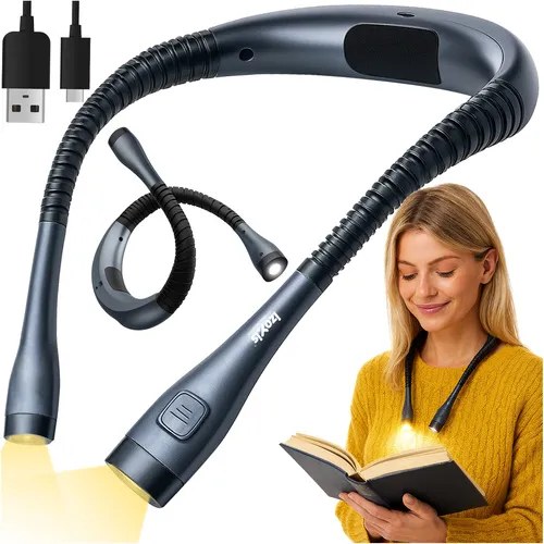 LED lampička na krk na čtení s 2 rameny, 3 úrovněmi jasu, 3 barvami světla a USB-C