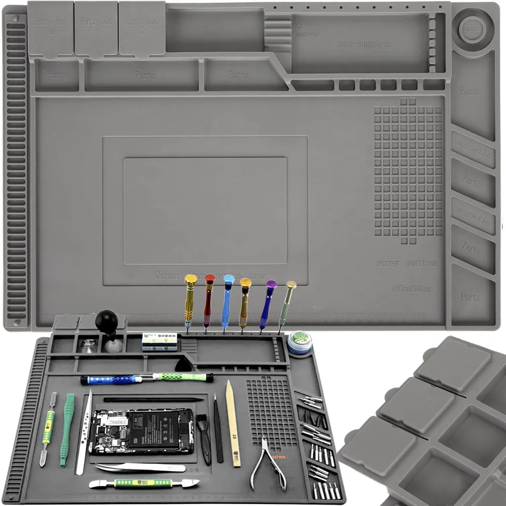 Servisní silikonová podložka 45×30cm s magnetickými boxy a prostorem na nářadí, antistatická, tepelně odolná