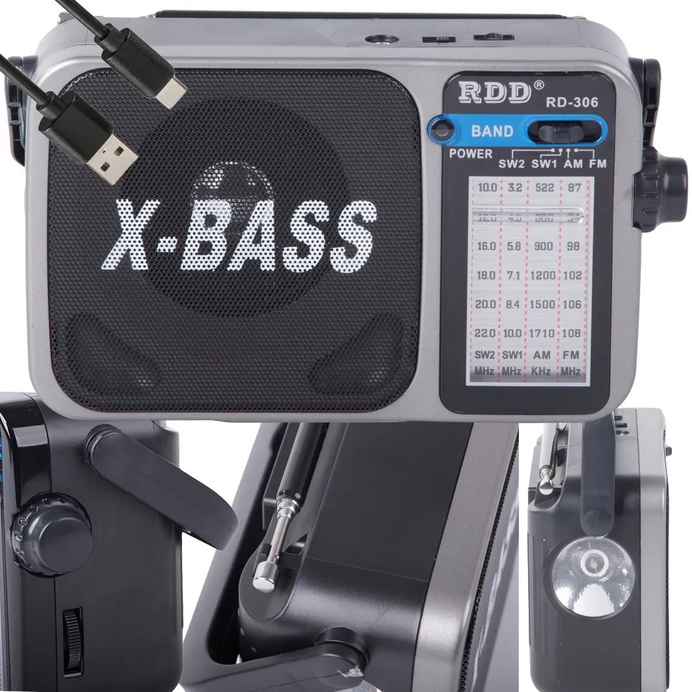 Přenosné rádio FM/AM/SW1/SW2 s X-BASS a LED svítilnou, aku 