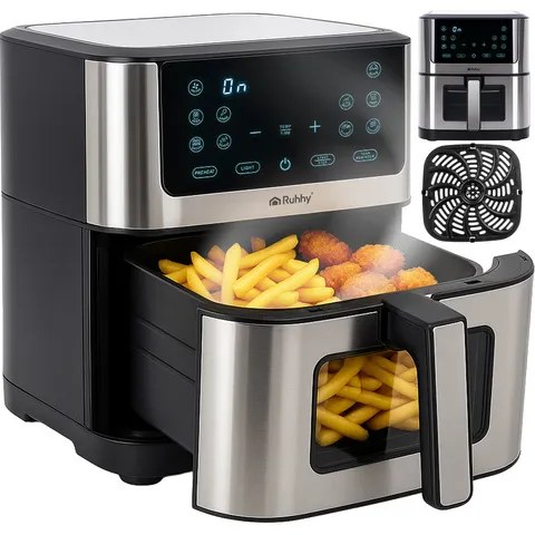 Černá horkovzdušná fritéza 8l s nepřilnavým PTFE povrchem, 10 programy, LED panelem a časovačem