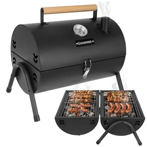 Černý přenosný turistický gril na dřevěné uhlí s víkem a teploměrem, 2 chromované rošty 35×22 cm, 2 tácy na uhlí, komín