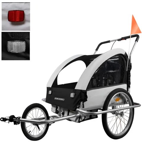 Šedý dětský přívěsný vozík za kolo 3v1 pro 2 děti, jogger a kočárek, moskytiéra, nosnost 2×20kg