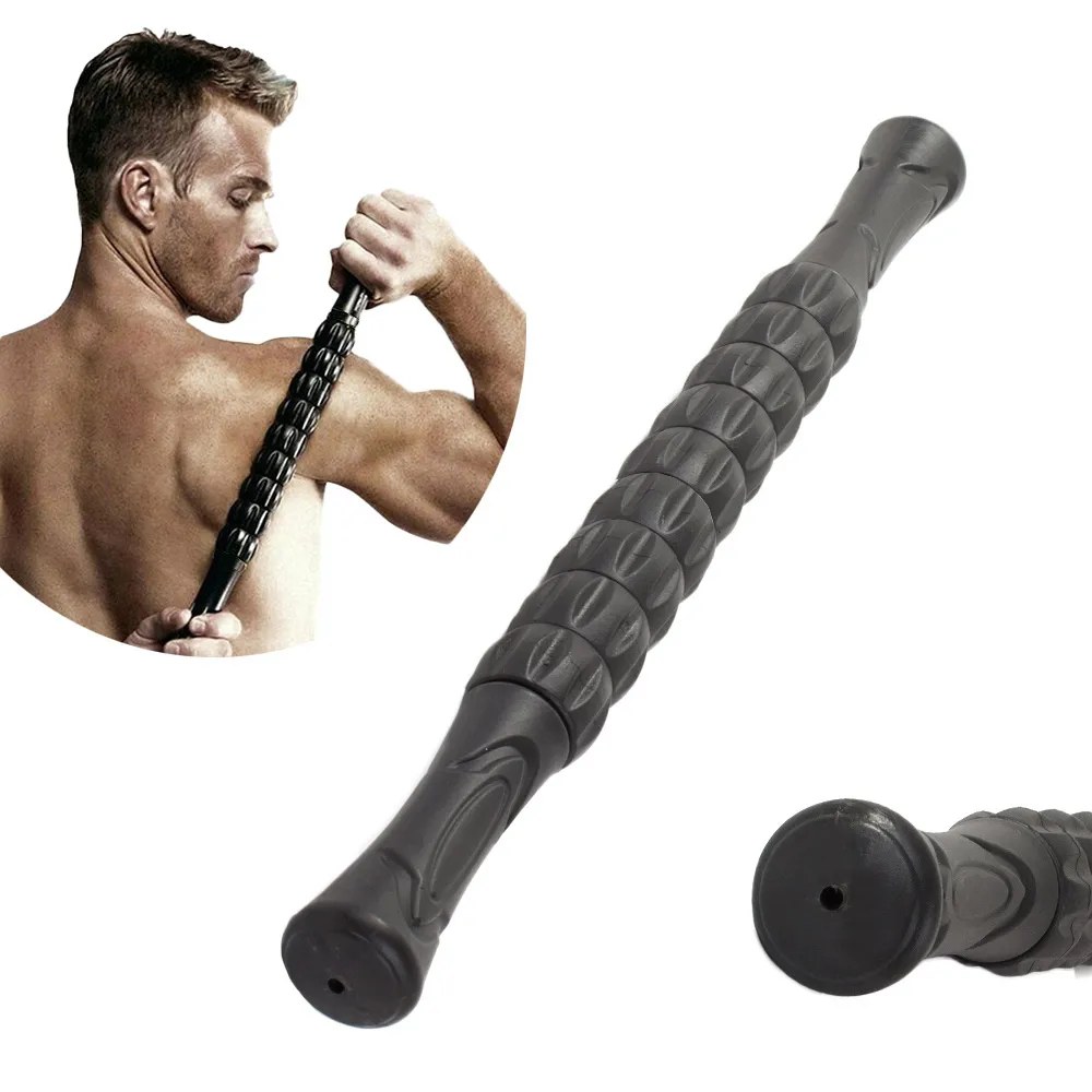 Černý masážní roller s 9 otočnými kolečky na svaly a regeneraci celého těla, ruční, 42cm