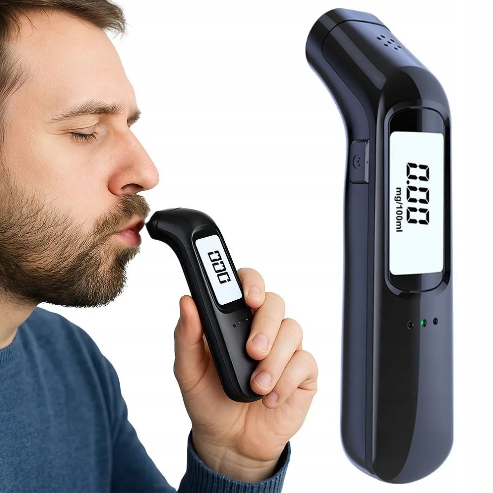 Černý digitální alkohol tester s LCD displejem, USB nabíjením a bezkontaktním měřením, rozsah 0-2 g/l